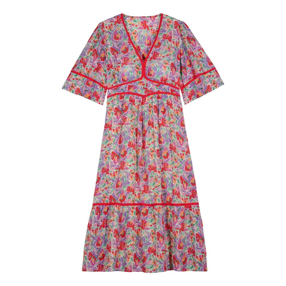 ba&sh Multicolor Floral V‑Neck Tiered Midi Dress with Red Trim